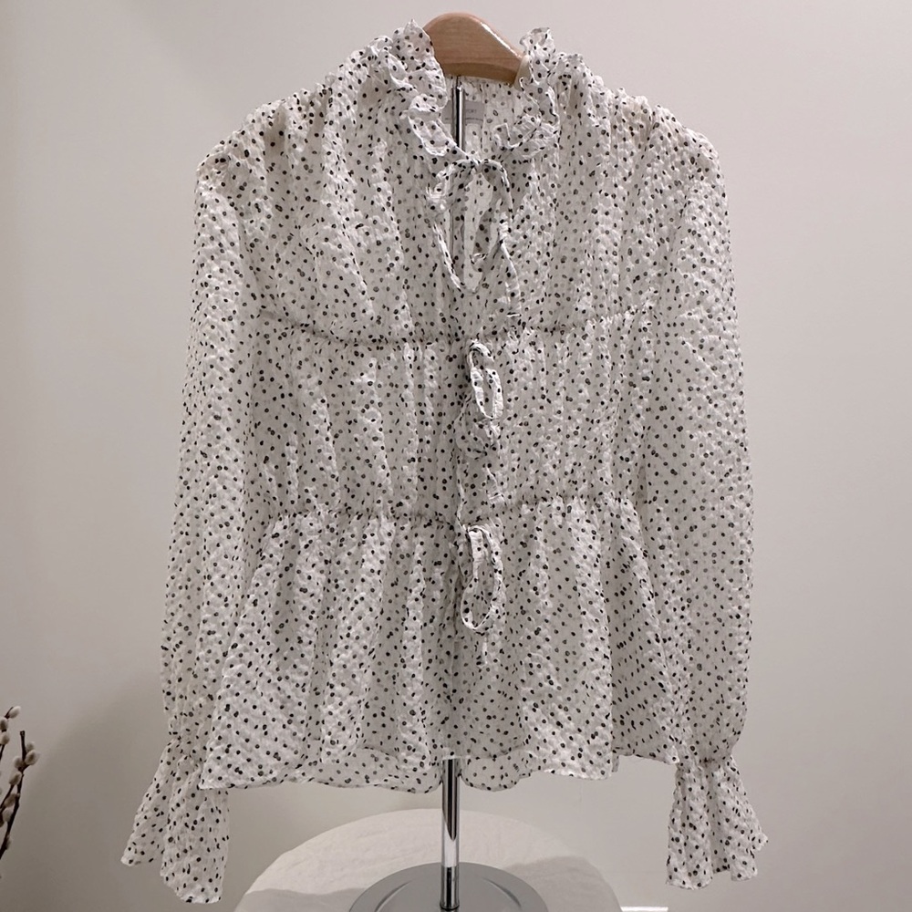OAK + FORT Sheer Polka Dot Ruffle Blouse